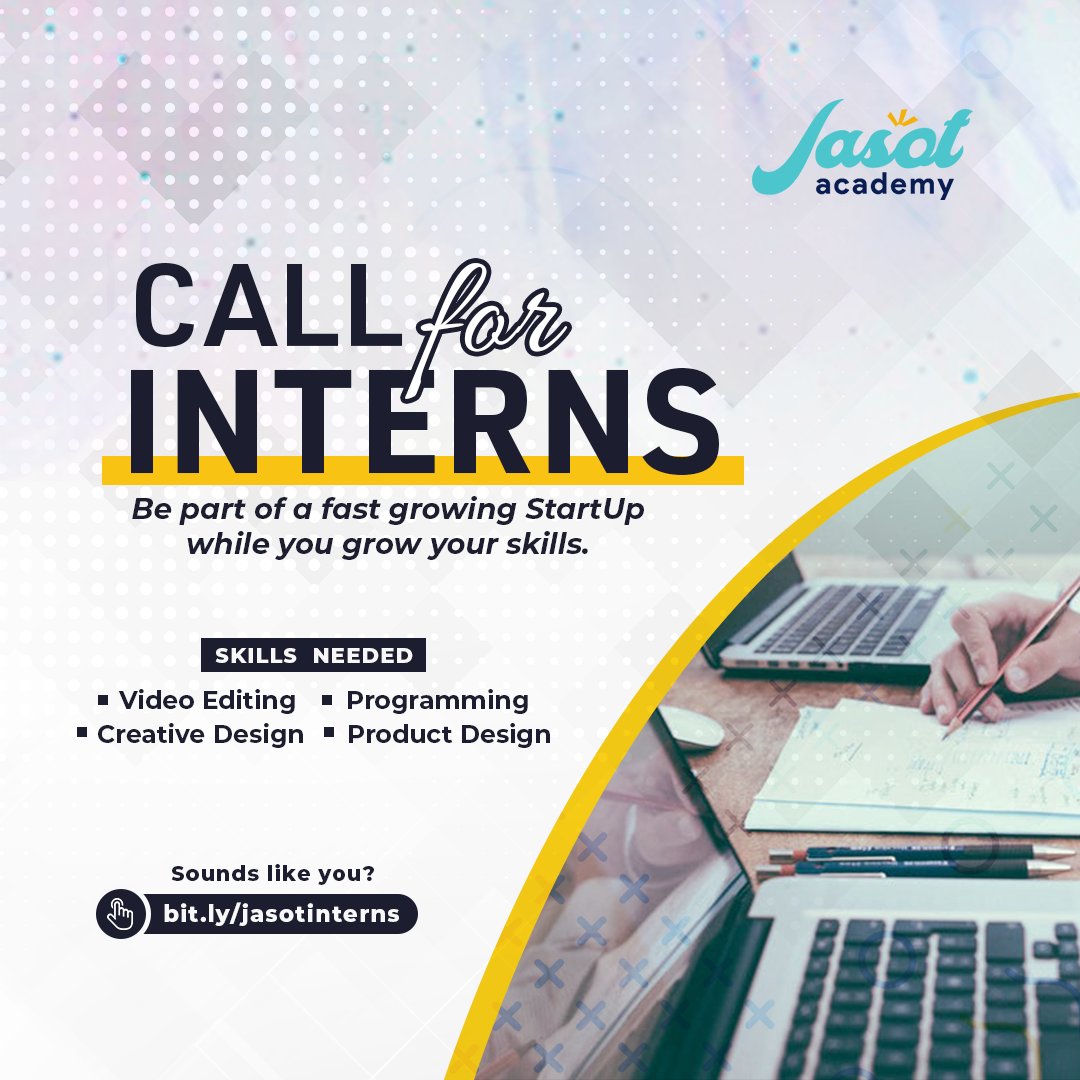JasotAcademy's tweet photo. A great opportunity you won't want to miss. 

Apply to be an #intern at @JasotAcademy. Visit: https://t.co/JSlPl8jkDf

#12DaysofGiveaways #internship #javaprogramming #videoediting #Creative #design https://t.co/WcEWQxzDQy