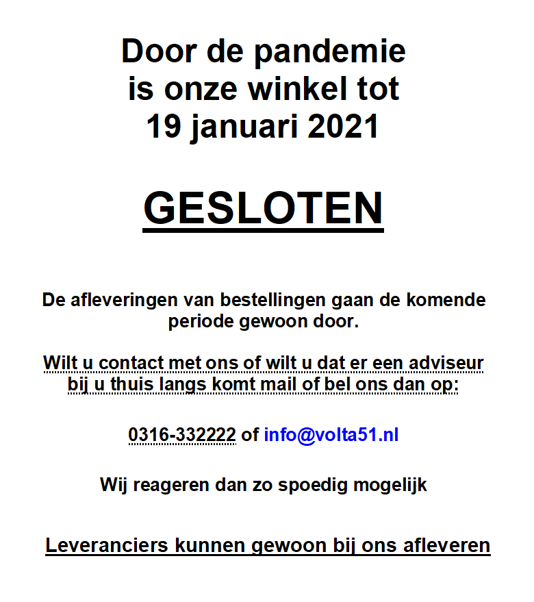 Volta51wonen's tweet photo. Onze winkel is helaas tot 19 januari 2021 dicht. Als u toch uw huis wilt inrichten dan kunnen we bij u langs komen. De uitlevering van alle bestellingen gaat gewoon door.     Mocht u vragen hebben of een afspraak willen maken bel of mail ons dan: 0316-332222 of info@volta51.nl https://t.co/SSkBpOD7jQ