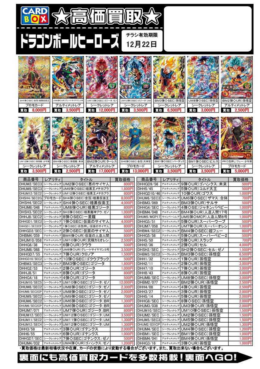 カードボックス岡山駅前店 ドラゴンボールヒーローズ買取 明日から12 22までの買取価格です 表示価格以上の超高価買取価格もあり 店頭でチェック ただいまネット買取も行っております こちらもチェックチェック T Co C6ewkxy9wv Dbh