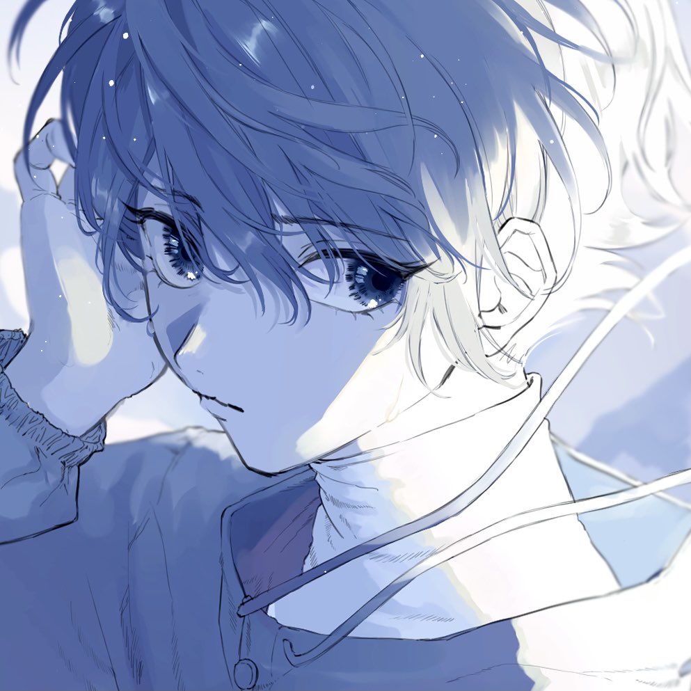 solo short hair looking at viewer 1boy male focus long sleeves blue theme  illustration images