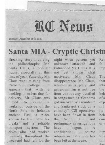 ratoathcollege's tweet photo. Breaking News. #CrypticChristmas #Manhunt https://t.co/NAyCL6gnMo