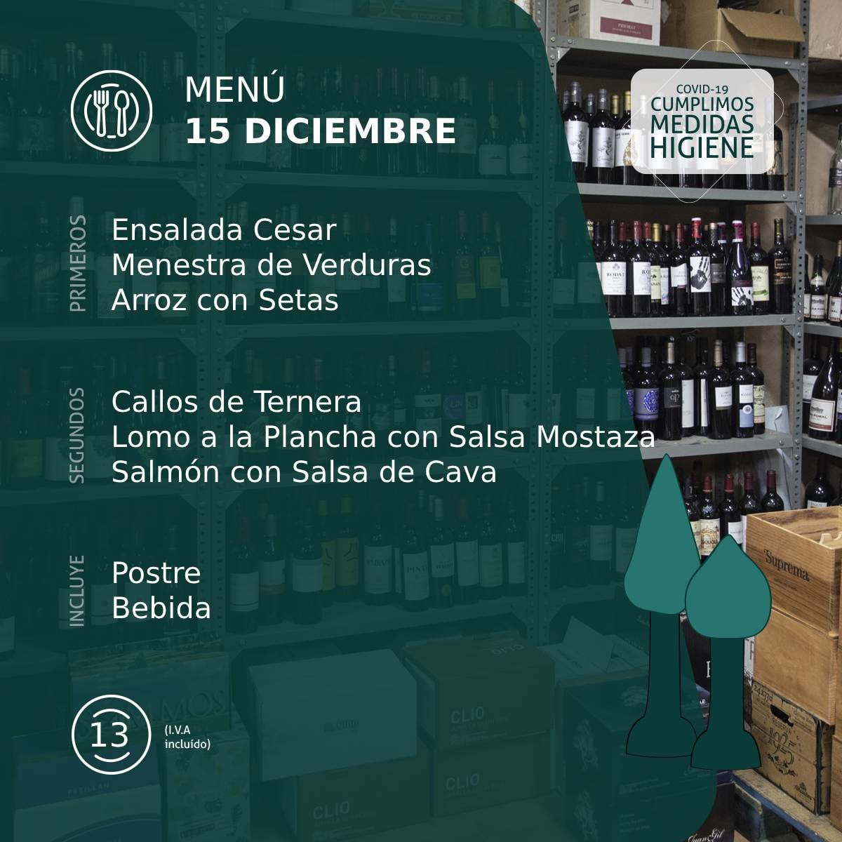 📣¡ESTAMOS DE VUELTA!🤗
MENÚ 15 Dic
PRIMEROS 
Ensalada Cesar
Menestra Verduras
Arroz con Setas
SEGUNDOS 
Callos de Ternera
Lomo Plancha con Salsa Mostaza
Salmón con Salsa de Cava
POSTRE Y BEBIDA
PRECIO 13€ (iva incluido)
#restaurante #bolaso #menudeldia #ejea #cincovillas