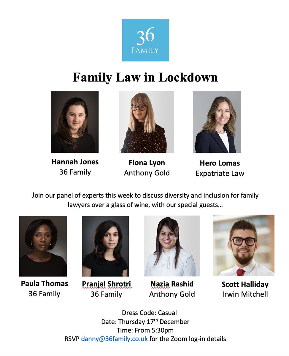 Danny Chapman (@dannychapmanbr) on Twitter photo Join us for the final instalment of 2020 of Family Law in Lockdown, this Thursday from 5.30, and what better way to finish the year than a session on diversity and inclusion for family lawyers!
Please e-mail danny@36family.co.uk for the zoom login details
We hope to see you there Join us for the final instalment of 2020 of Family Law in Lockdown, this Thursday from 5.30, and what better way to finish the year than a session on diversity and inclusion for family lawyers!
Please e-mail danny@36family.co.uk for the zoom login details
We hope to see you there