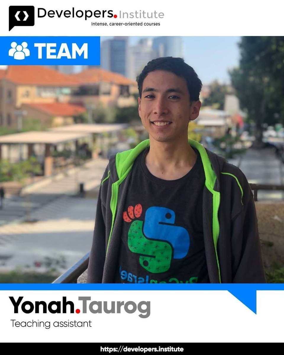 devtlv's tweet photo. Say Hi to Yonah Taurog 🇺🇸 our Python Teaching Assistant 🖥 @xtreemtg 
.
Join our https://t.co/pAYn1qWo32
.
#DIteam #programminglanguage #python #LearnPython #CodingBootcamp #LearnToCode #javascript #webdev #coding #js #tech #TLV #IsraelStartUpNation #programming #coding https://t.co/1tz5Hxivh2