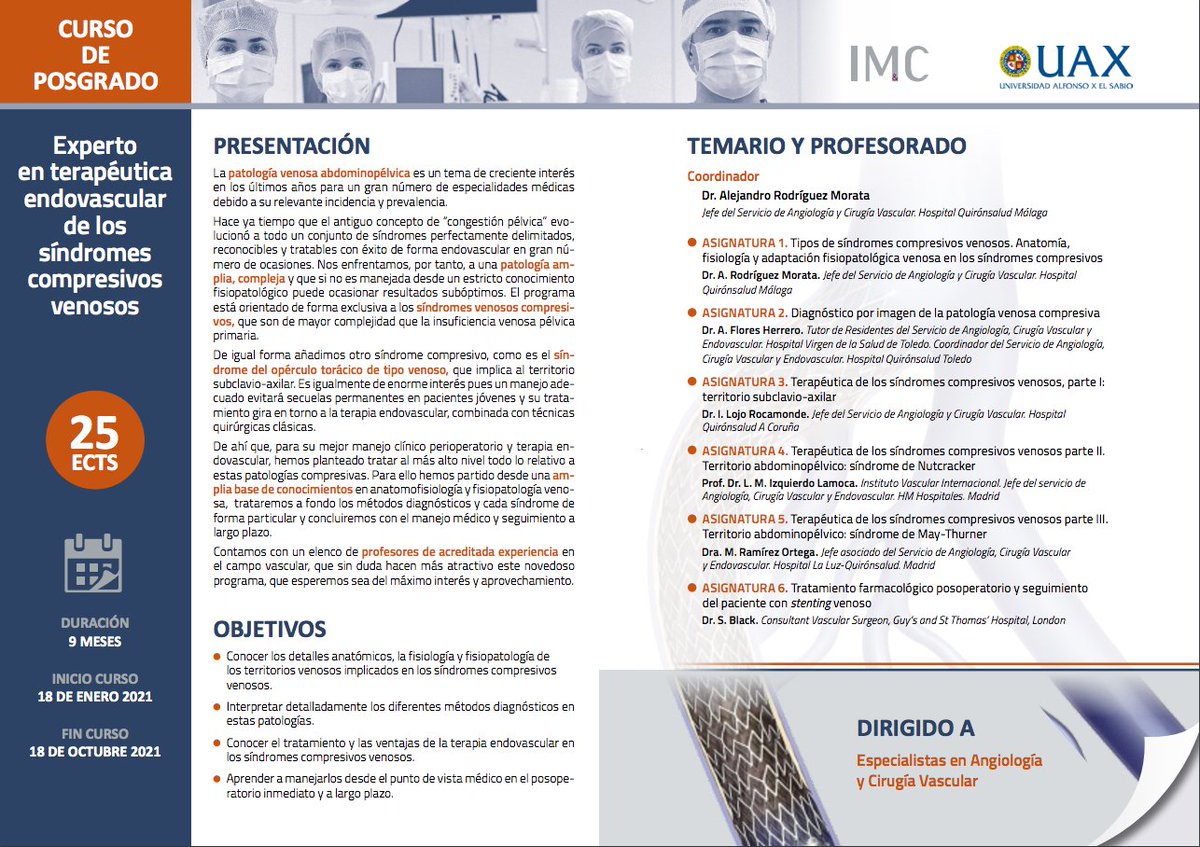 A.R.M. (@rodriguezmorata) on Twitter photo En breve empezamos nuestro Curso de Experto en terapĂ©utica endovascular de los sĂndromes compresivos venosos. Posgrado, Universidad Alfonso X El Sabio. Con el Aval de la <a href="/seacv_esp/">Sociedad Española de AngiologĂa y CirugĂa Vascular</a>, <a href="/CirEndovascular/">CapĂtulo CirugĂa Endovascular</a> y <a href="/FlebologiaSEACV/">CapĂtulo Español de FlebologĂa y LinfologĂa</a> En breve empezamos nuestro Curso de Experto en terapĂ©utica endovascular de los sĂndromes compresivos venosos. Posgrado, Universidad Alfonso X El Sabio. Con el Aval de la <a href="/seacv_esp/">Sociedad Española de AngiologĂa y CirugĂa Vascular</a>, <a href="/CirEndovascular/">CapĂtulo CirugĂa Endovascular</a> y <a href="/FlebologiaSEACV/">CapĂtulo Español de FlebologĂa y LinfologĂa</a>