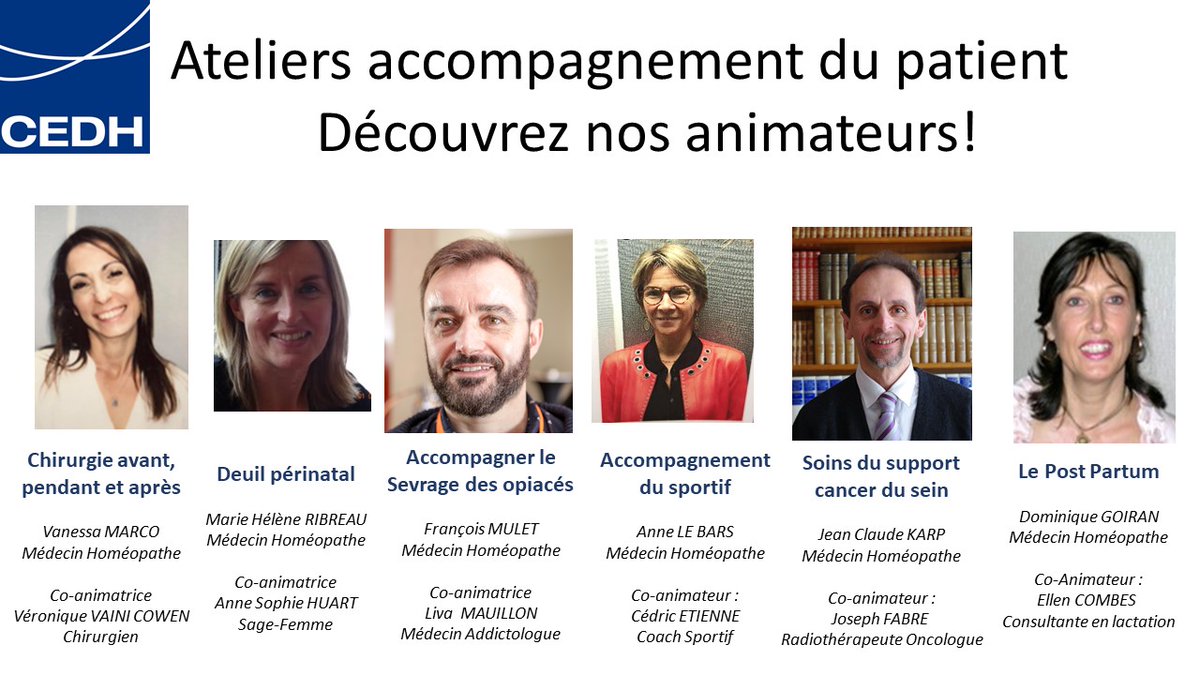 CEDH_Homeo's tweet photo. Durant les 9èmes rencontres du CEDH 
@CEDH_Homeo des 29-30 janvier 2021 nous vous proposons des ateliers interactifs en visioconférence. Découvrez ci-dessous nos thématiques autour de l'accompagnement du patient. Tous les ateliers et plus d'info https://t.co/qpmLBfBPIe https://t.co/tzOAUoZngc