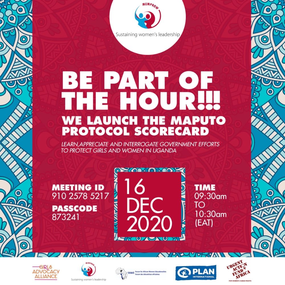 MEMPROWUganda's tweet photo. 2020 is a year of accountability!
Make a Date with us on Wednesday 16th December 2020 as we launch the Maputo Protocol ScoreCard as we Learn, appreciate and interrogate government efforts to protect women and girls in Uganda. Join the Zoom Meeting here  https://t.co/rY76hl9ESj https://t.co/Ch1jIpAm6T