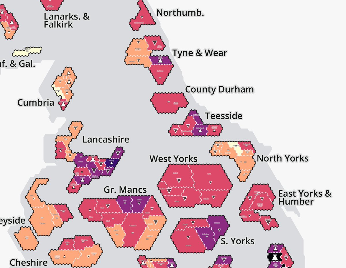 In the North of England, areas with rising rates are still the exception and not the rule in the week to 9th Dec. They include South Tyneside, Midd'boro, parts of Lancs, and Cumbria. Still plenty of falls, although a bunch of places also have stable rates.