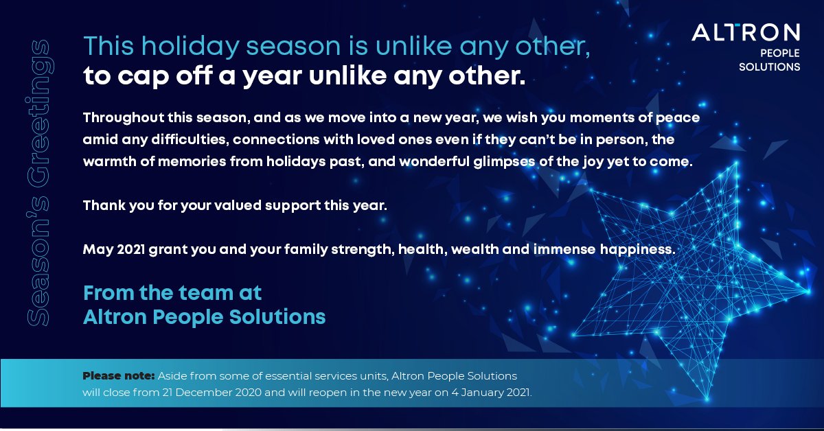 AltronPS's tweet photo. Season’s Greetings from everyone at Altron People Solutions https://t.co/OuKL9Xfe37