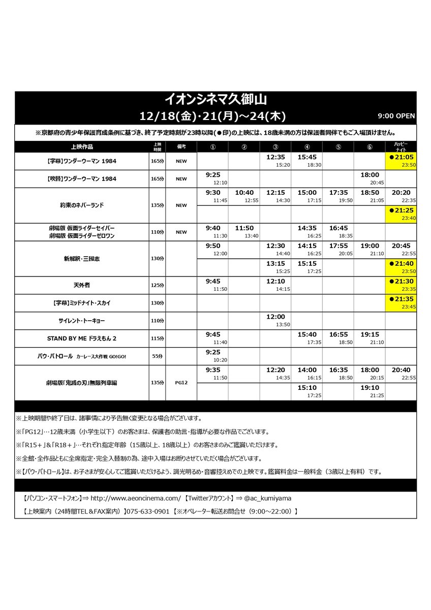 イオンシネマ久御山 ドライブインシアターも開催 12 18 金 12 24 木 の上映スケジュール 約束のネバーランド ワンダーウーマン1984 劇場版 仮面ライダーセイバー ゼロワン 公開 くらしにシネマを イオンシネマ 久御山