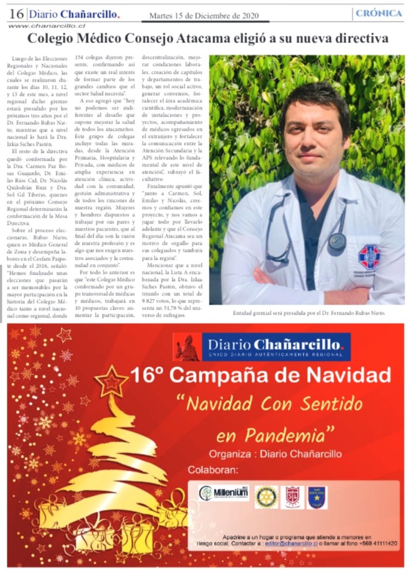 ColmedAtacama's tweet photo. Buenos días. Diario @chanarcillo destaca en portada, elección de nuestra nueva directiva, presidida por el doctor Fernando Rubio Nieto. [@fernarubio] https://t.co/5RigtdrMuM [pág. 16] https://t.co/tfoX5ELbWW