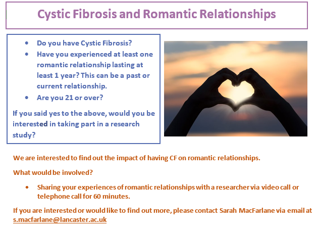 SM_Psychology's tweet photo. Hello! I am Trainee Clinical Psychologist looking for English-speaking participants for my thesis project exploring the experiences of romantic relationships for people with Cystic Fibrosis. If you would like to take part please contact me. Thank you! #cysticfibrosis https://t.co/4mPsdC9sl7