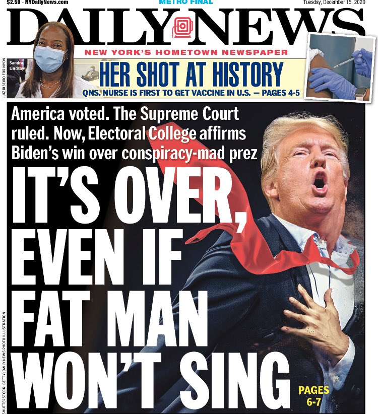 The New York Daily News is giving Donald Trump quite the send off #ElectoralCollege #Election2020