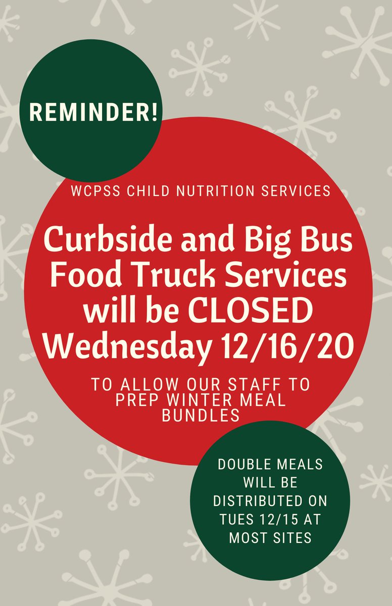 ❗️REMINDER! Our Curbside and Big Bus Food Truck sites will be CLOSED on Wed Dec 16, to allow our staff to prepare Winter Break Meal Bundles.

Most sites will be distributing double meals today, Tues Dec 15th. Visit wcpss.net/food for site locations and times! <a href="/WCPSS/">Wake County Public School System</a>
