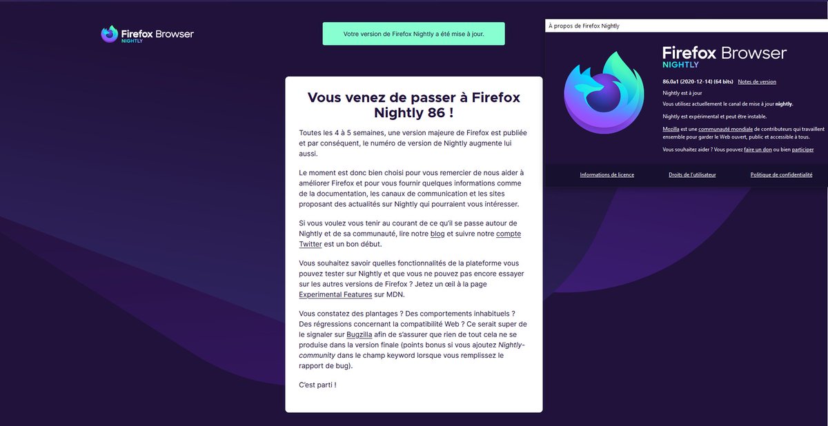 MozillaZineFr's tweet photo. Vous venez de passer à @FirefoxNightly 86 ! #JourDeSorties #actu https://t.co/puEywSGO5B