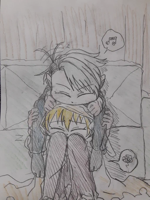 ちょ「いいあたま置き場みっけ!ぎゅー!!」

くに「ううう…なんか苦しい……?」 