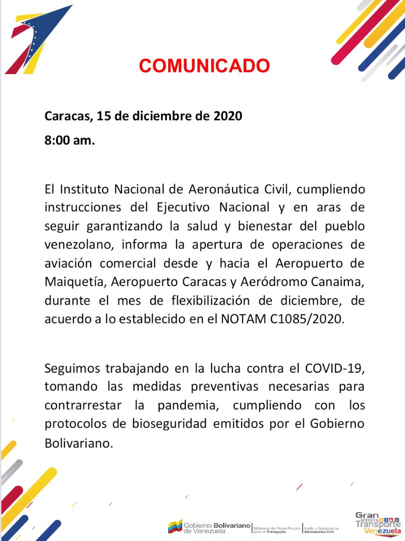 inac_ve's tweet photo. #Comunicado || El INAC, dando cumplimiento a los lineamientos del Ejecutivo Nacional, informa nuevas medidas sobre operaciones de aviación comercial en el país. https://t.co/6iwnMcUrN2