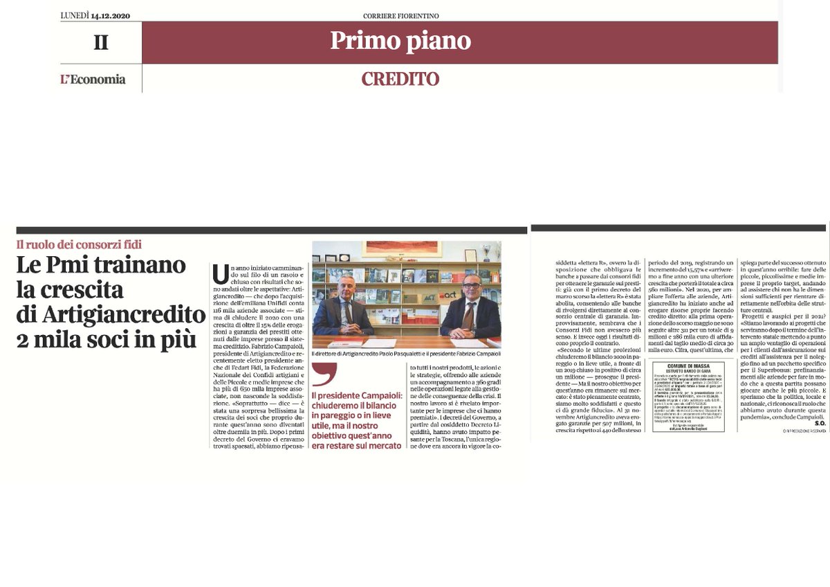 Dal Corriere della Sera di lunedì 14 dicembre (Corriere Fiorentino)