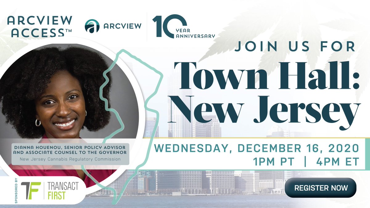 Register for the FREE Arcview Access event "Town Hall: New Jersey". Wednesday, 12/6 a deep dive discussion with New Jersey and national leaders in the industry + Q&amp;A with the panelists. Register and join here hubs.ly/H0CD0-X0 
#invest #investincannabis  <a href="/arcviewgroup/">The Arcview Group</a>