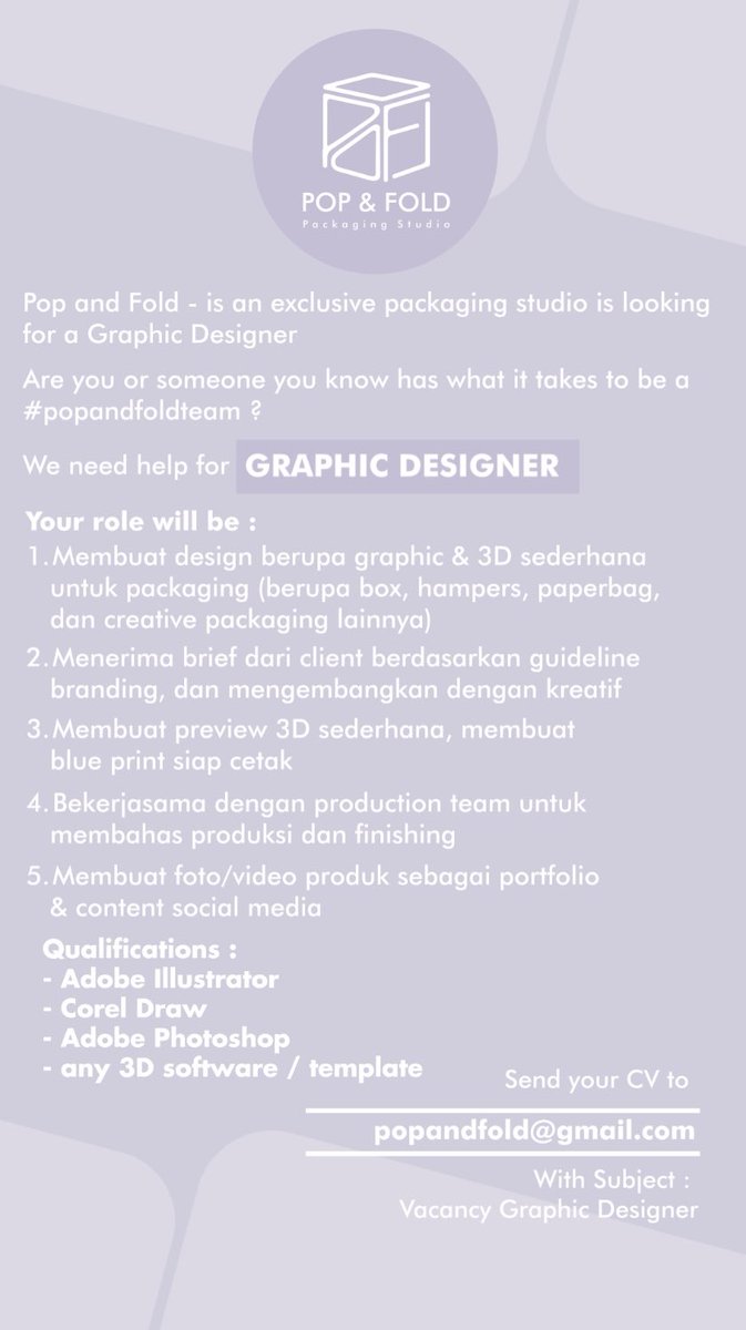 miorando's tweet photo. @hrdbacot Hi! Pop and Fold (packaging studio) lagi cari DESIGNER GRAPHIC nih☺️ Visit us at https://t.co/o74h6HXY6M https://t.co/j73uPY1cGj