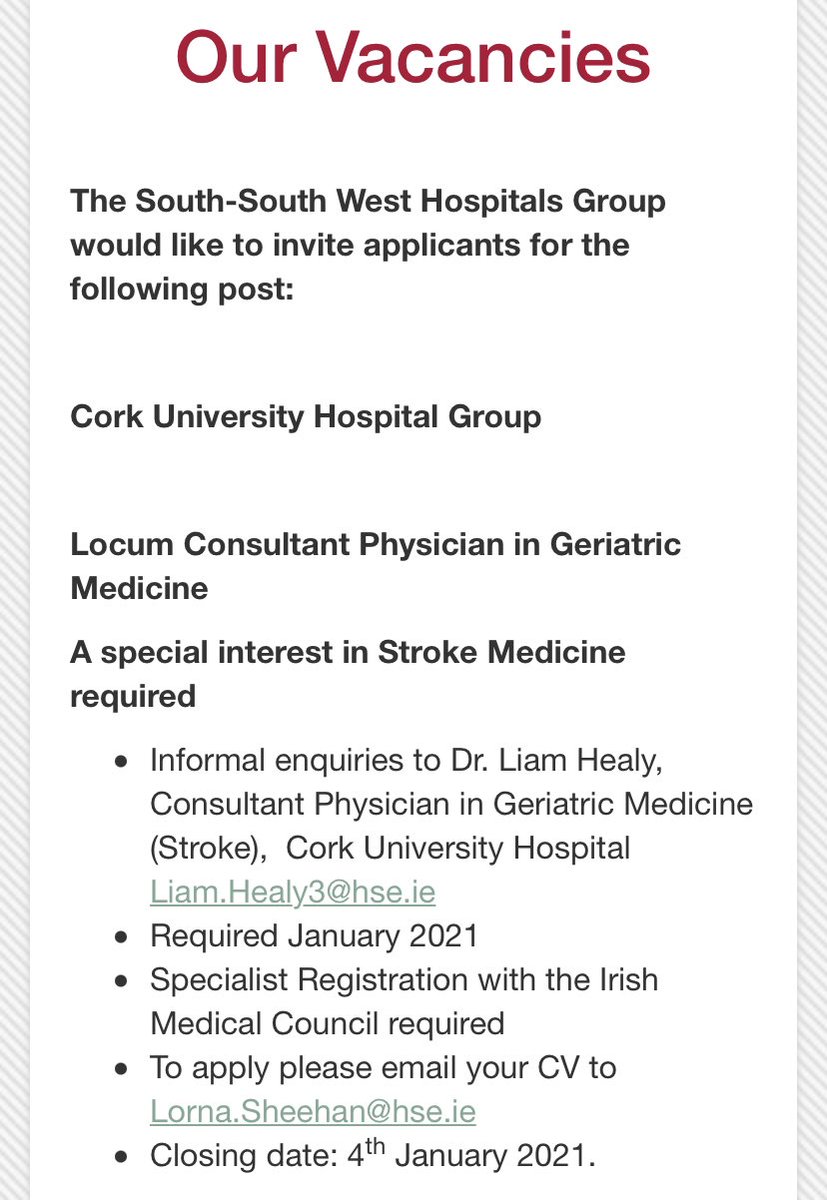 Dr. Liam Healy (@drliamhealy) on Twitter photo We have a new locum post available in <a href="/CUH_Cork/">Cork University Hospitals</a> for a Consultant Geriatrician with a special interest in Stroke. We have major developments in our stroke service coming soon - a new 31-bed stroke unit, a 24/7 regional thrombectomy service, with significant additional staffing. We have a new locum post available in <a href="/CUH_Cork/">Cork University Hospitals</a> for a Consultant Geriatrician with a special interest in Stroke. We have major developments in our stroke service coming soon - a new 31-bed stroke unit, a 24/7 regional thrombectomy service, with significant additional staffing.