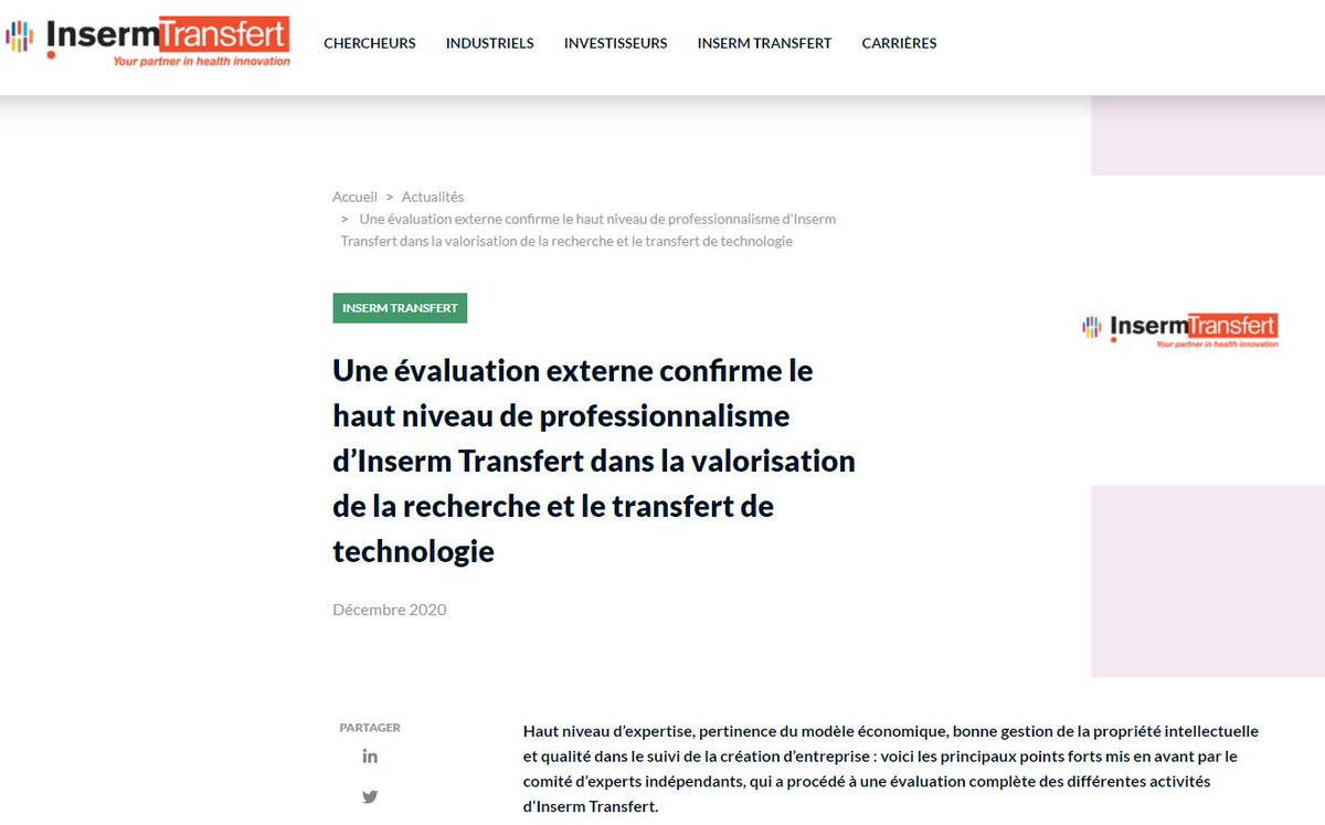 InsermTransfert's tweet photo. #valorisation de la #recherche, #techtransfert, #expertise, pertinence du modèle économique, gestion de la #PI, suivi de la #création d’#entreprise : une expertise externe confirme le haut niveau de professionnalisme d’@InsermTransfert
https://t.co/5hNF5cibSh https://t.co/LNYVAyYBA4