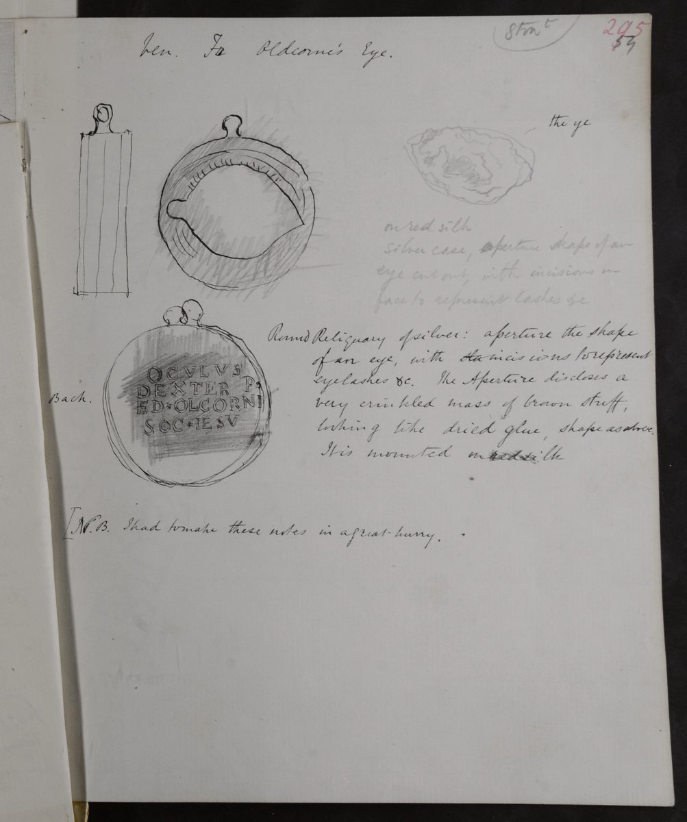 <a href="/StonyArchivum/">Stonyhurst Collections</a> will be displaying the eye of #EdwardOldcorne as one of the #JesuitRelics in the #RelicExhibition. Here is a sketch of the relic as found in #Jesuit John Morris “Notes and Letters on Relics of the English Martyrs” volume held <a href="/JesuitArchives/">British Jesuit Archives</a>