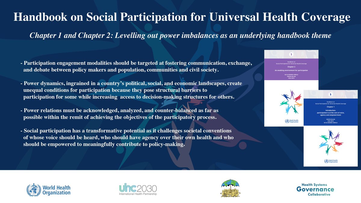 New @WHO! Check out the conference copy of the HANDBOOK ON SOCIAL PARTICITPATION FOR #UHC. We need to tackle power relations to enable meaningful engagement with populations, communities & civil society for health-decision making.