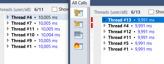 Then I captured another trace with metrics disabled, and something struck me: both traces had the same number of managed threads, even though the one with metrics enabled had the one worker spending 99.9% of the time waiting  (metrics disabled on the left, enabled on the right)