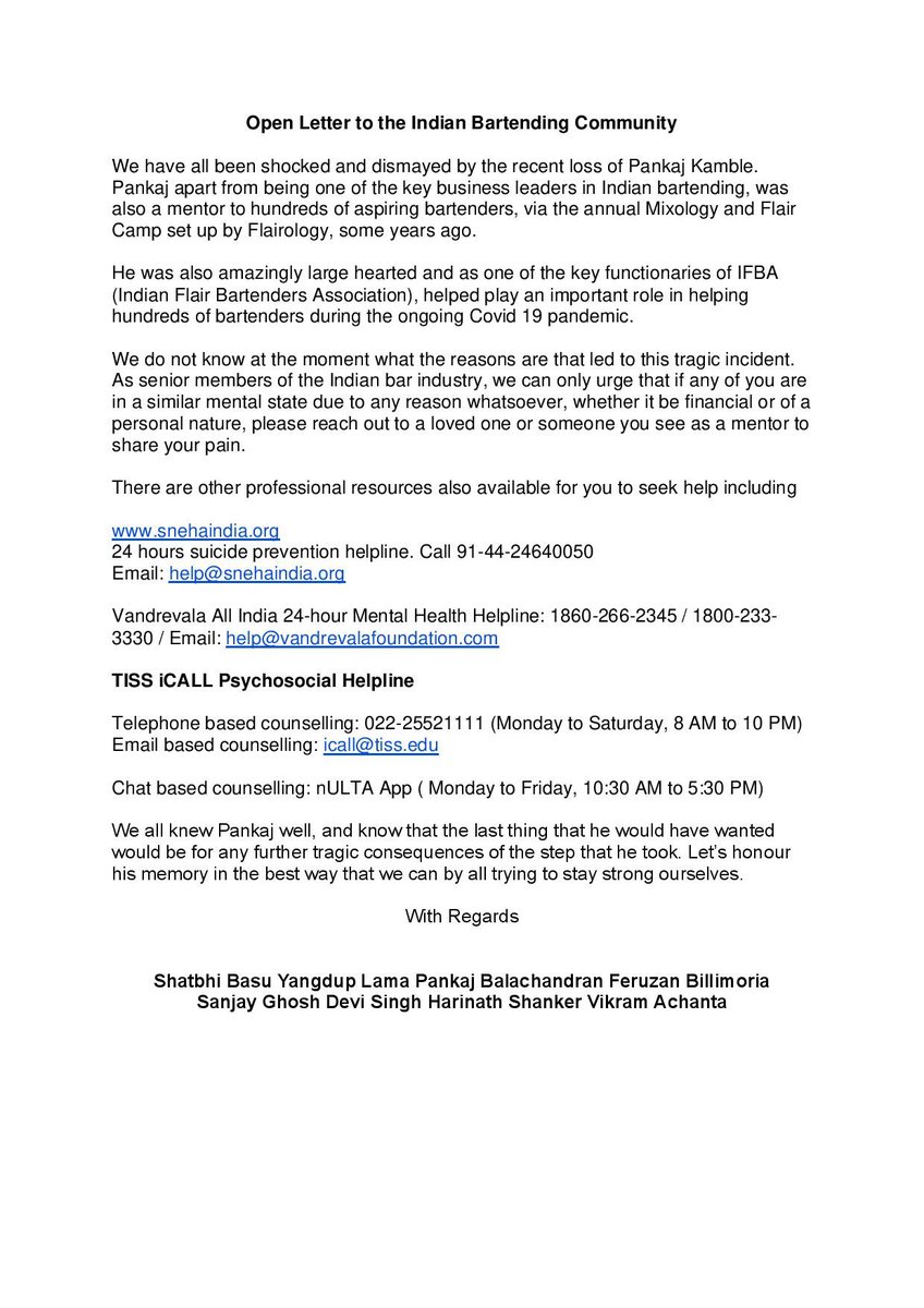 #reachout #indianbartenders for those in distress, financial or personal, reach out to a loved one, mentor or a helpline. #indianbartending #bartender #bartending