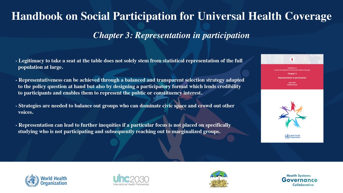 Representativeness is about getting the ‘right’ public w/ regards to the policy question at hand. Make sure to formulate the policy question precisely in order to build a participation strategy on it. 

Check out chapter 3 of the HANDBOOK ON SOCIAL PARTICITPATION FOR #UHC.