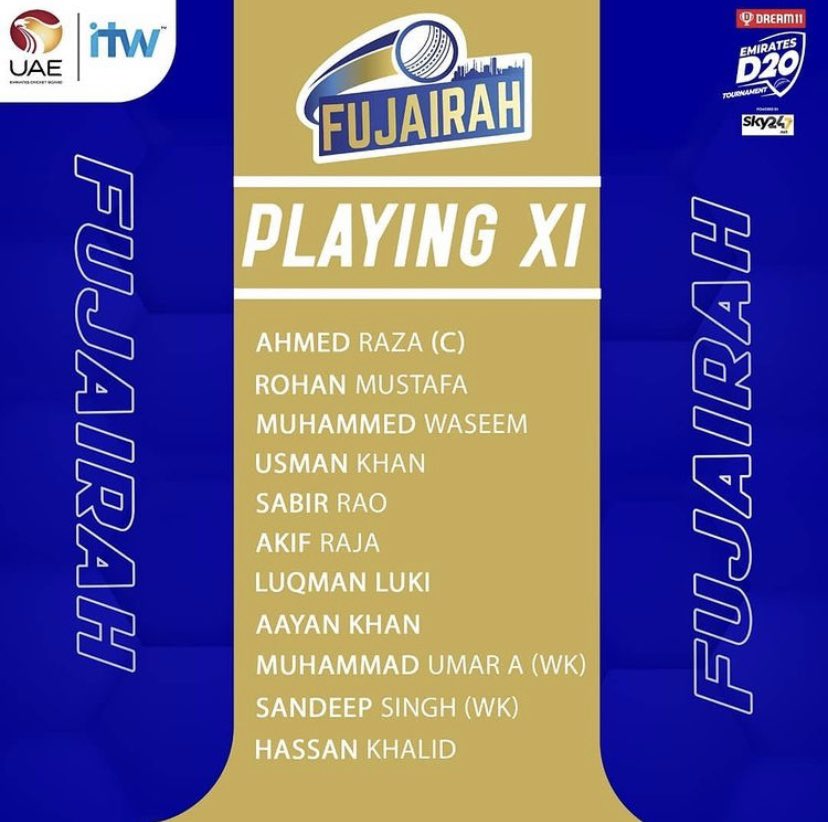 FujairahPacific's tweet photo. Match day 5️⃣! #FujairahPacific Vs #Ajman! Have a look at our playing 11 for today’s match @Dream11 #EmiratesD20 #UAE @EmiratesCricket https://t.co/QPfJg4077h