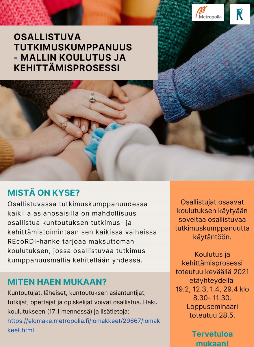 Kuntoutujat, läheiset, ammattilaiset, tutkijat, kehittäjät, opettajat ja opiskelijat! Osallistuva tutkimuskumppanuus - mallin koulutus ja kehittämisprosessi keväällä 2021. Lue lisää ja hae mukaan viim. 17.1.21 elomake.metropolia.fi/lomakkeet/2966…

#soveltavatutkimus <a href="/REcoRDIhanke/">REcoRDI-hanke</a> <a href="/metropolia/">Metropolia</a>