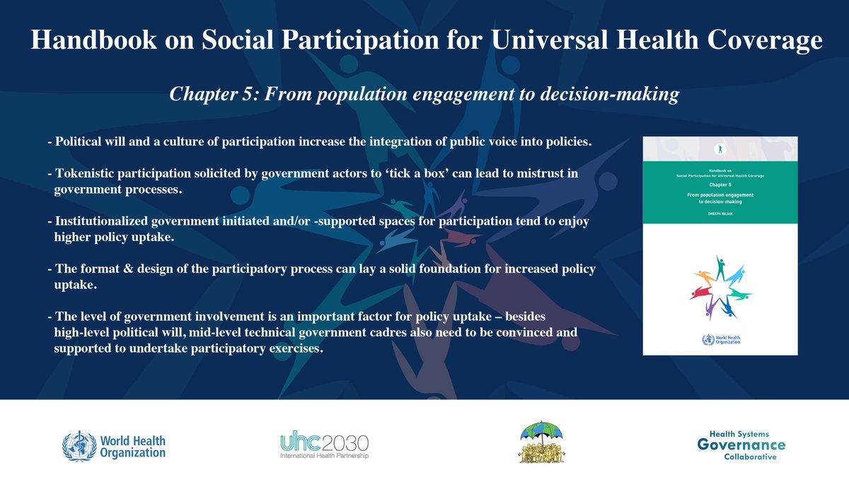 How can we ensure results from participatory processes are used for health decision-making? We know there is often a huge gap, but there are ways to ensure higher policy-uptake. 

More in chapter 5 in the HANDBOOK ON SOCIAL PARTICITPATION FOR #UHC.