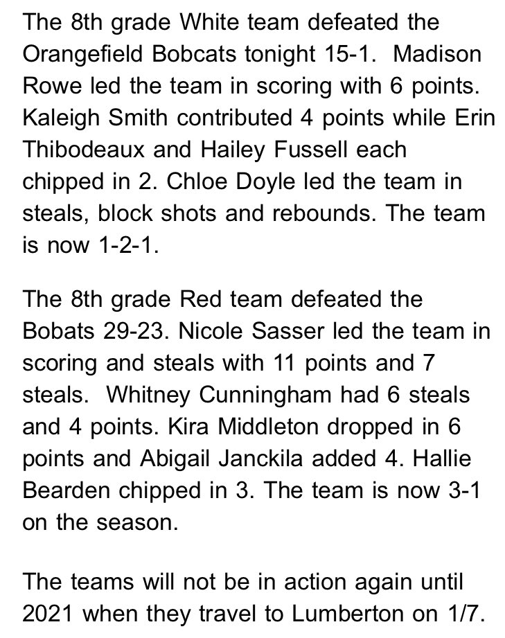 BCathleticsMS's tweet photo. 🏀8th grade girls results vs Orangefield🏀 https://t.co/SJfUyN1ytG