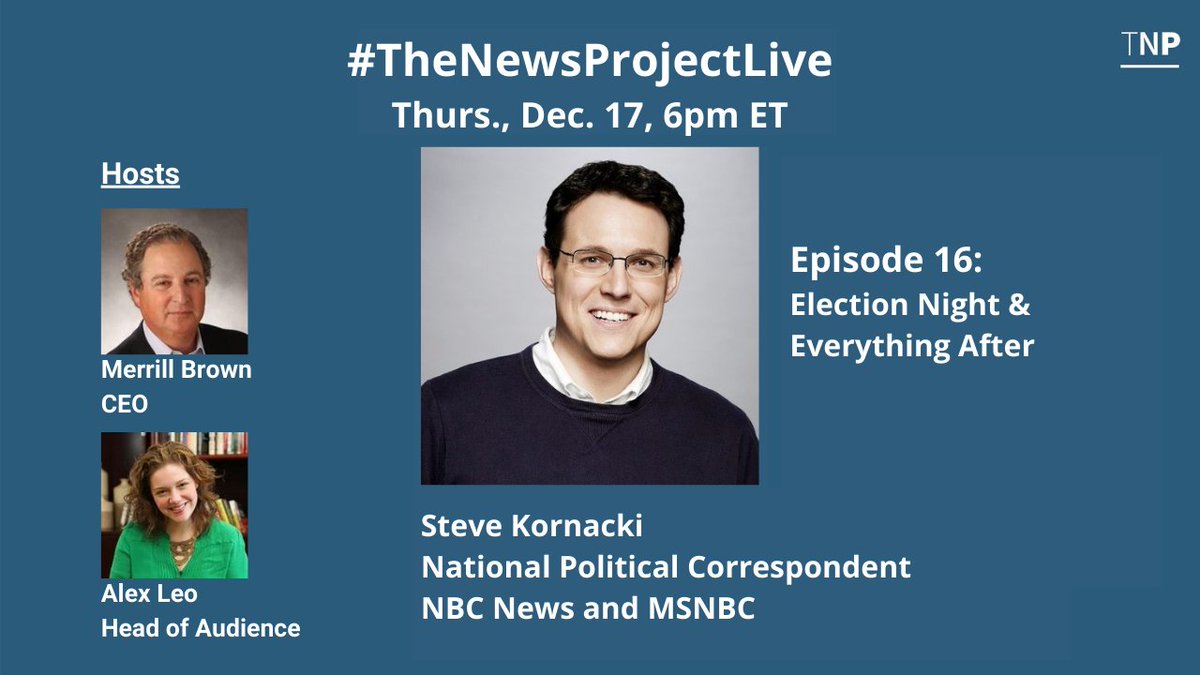tnp's tweet image. Join us this Thursday at 6p ET for a live discussion with @SteveKornacki of @MSNBC/@NBCNews. 

Watch on 
@Facebook facebook.com/TheNewsProject… 
@linkedin linkedin.com/feed/update/ur…
@youtube youtube.com/watch?v=7JPRlU…
or right here on Twitter. Send us your questions for Steve in the replies