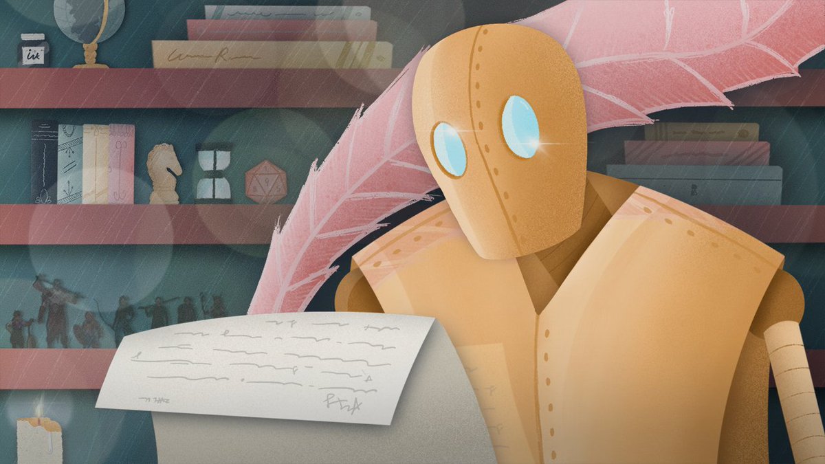 Mechanical scribe Doty Darrington looking over a sheaf of paper with a huge pink quill in hand. Critical Role members' silhouettes and dice appear in the background.