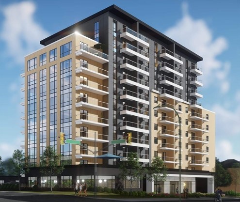 Apartments at Weber/ScottStatus: construction nearly complete.Building: residential tower, 11 storeys.Notable feature: large stepbacks create well articulated massing.