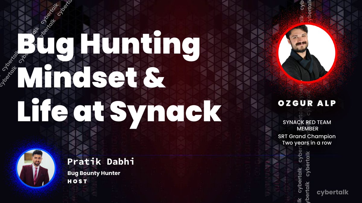impratikdabhi's tweet photo. Hey everyone
I just had a talk with  
@ozgur_bbh as a part of Cybertalk episodes for my YouTube channel. He is @SynackRedTeam member and SRT Grand Champion for two years in a raw.We talk about Life at Synack and how he's managed to stay on top with his Unique Bug Hunting Mindset. https://t.co/hiJsODOMCN
