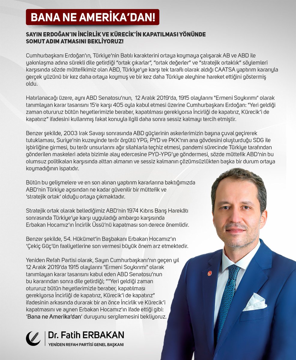 Milli Görüş Lideri Dr.Fatih ERBAKAN'dan  ERDOĞAN'a çağrı; İncirlik ve Kürecik üssü kapatılsın!

#arnavutköypostası