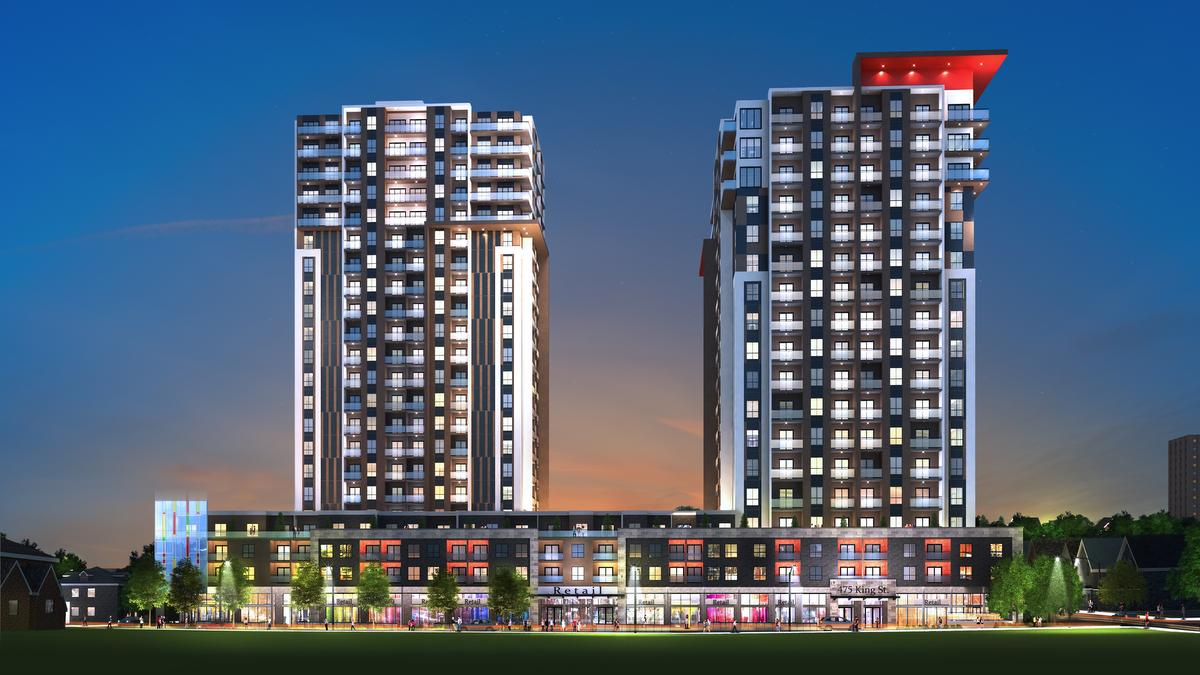 Drewlo Apartments (King/Madison).Status: below-grade construction ongoing.Building: 2 residential towers, 18 & 22 storeys.Notable feature: a glass box on the corner of the podium will act as a unique gateway feature into the downtown.