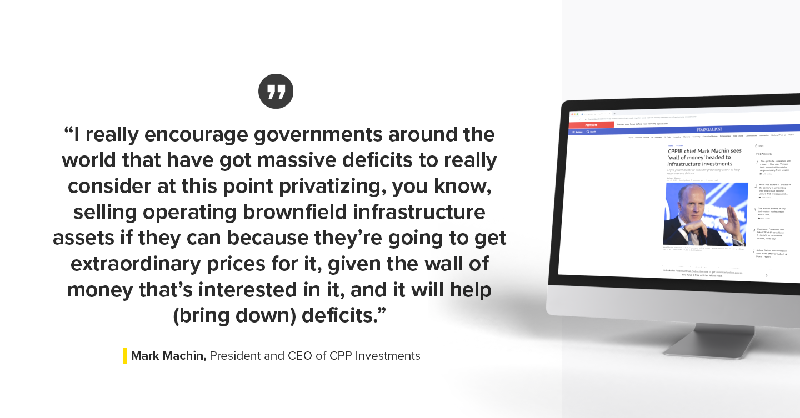 BizCouncilofCan's tweet photo. In a wide ranging interview with @FinancialPost's @BatPost on Canada's recovery, @CPPinvestments' Mark Machin emphasizes the opportunity for governments to raise revenue by selling aging infrastructure. This is a key recommendation in our latest report #PoweringAStrongRecovery.
