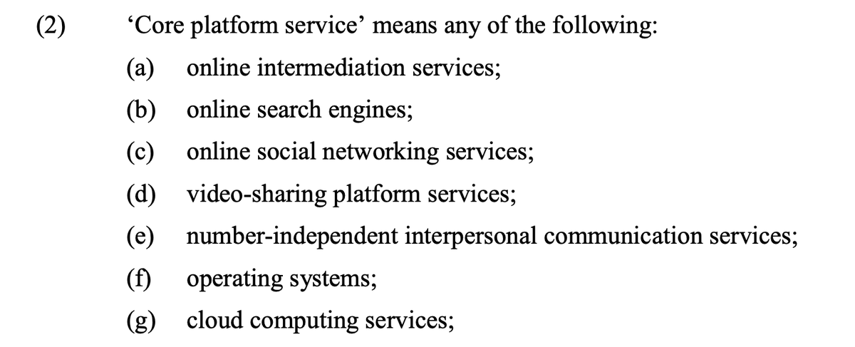 Core to the DMA is the idea of "core platform services" and providers thereof, listed here and defined either within the reg or in previous regs. Big and powerful providers of these are in scope, basically.