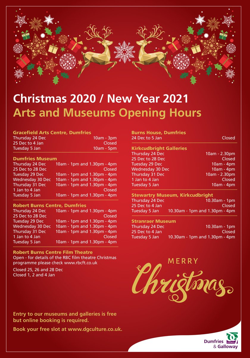 DumGalMuseums's tweet photo. Looking for things to do over the Festive period?
Here are the festive opening times for the DGC galleries, museums and leisure facilities. https://t.co/QacZ6H9QIi