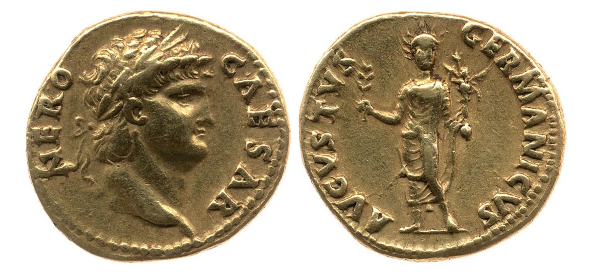 However, by AD 64, the excesses of Nero's reign are taking a visible toll on him. The Reverse shows Nero in a radiate headdress, holding a palm frond of victory and Victory on a globe. The radiate...Image: RIC Nero 46; British Museum (R.6521). Link -  http://numismatics.org/ocre/id/ric.1(2).ner.46