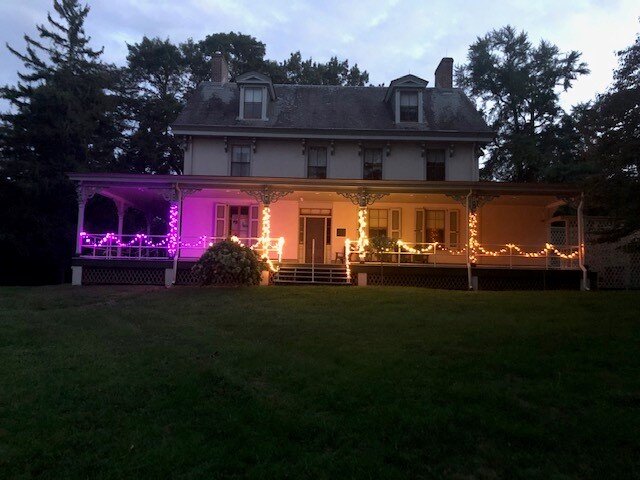 The <a href="/AlicePaulInstit/">Alice Paul Institute</a> illuminated Paulsdale--the childhood home of suffrage leader Alice Paul--in Mount Laurel, NJ in purple and gold on August 26, 2020 for the #ForwardIntoLight celebration. #WomensVote100 #MountLaurel #NewJersey womensvote100.org/forwardintolig…