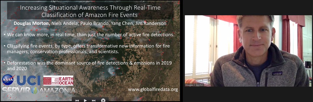 Next up at  #AGU20, Dr.  @NASA_Doug of  @NASAGoddard presented on his  @SERVIRGlobal-supported work monitoring forest  #fires  in the  #Amazon.  https://twitter.com/BZgeo/status/1338895482760933376