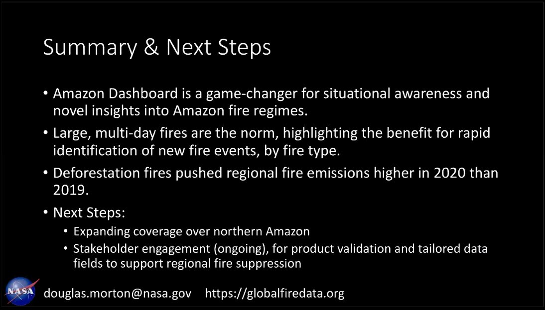 Next up at  #AGU20, Dr.  @NASA_Doug of  @NASAGoddard presented on his  @SERVIRGlobal-supported work monitoring forest  #fires  in the  #Amazon.  https://twitter.com/BZgeo/status/1338895482760933376