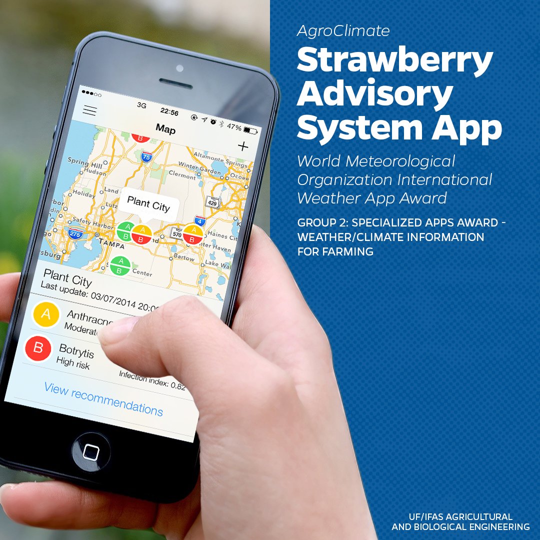 UF_ABE's tweet photo. Congratulations to #AgroClimate's Strawberry Advisory System App on receiving the @WMO International Weather App Award for Weather/Climate Information for Farming! Learn more about this app at https://t.co/Qg6VLteQWr. https://t.co/a8bS0Wjd6w
