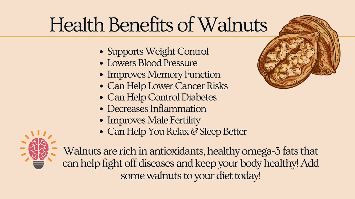 DrKim_Wellness's tweet image. Improving your memory &amp;amp; cognition is as easy as enjoying a healthy meal or snack that includes a serving of walnuts.
#walnut #walnuts #walnutbenefits #walnuttips #healthyeating #healthysnacks #eatwalnutstoday #addwalnutstodiet #buywalnuts #eathealthy #eatwalnuts #weightcontrol